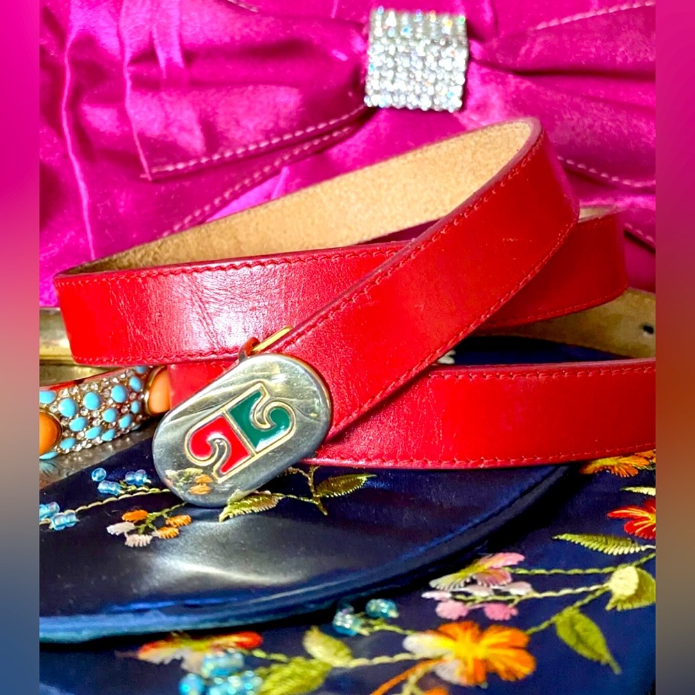Vintage 60’s PIERRE CARDIN Ladies Red Leather Belt Enamel Logo Buckle M 30 - 34”